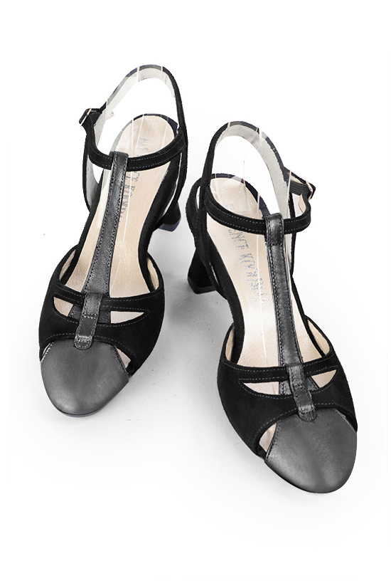 Dark silver and matt black women's open back T-strap shoes. Round toe. Medium spool heels. Top view - Florence KOOIJMAN
